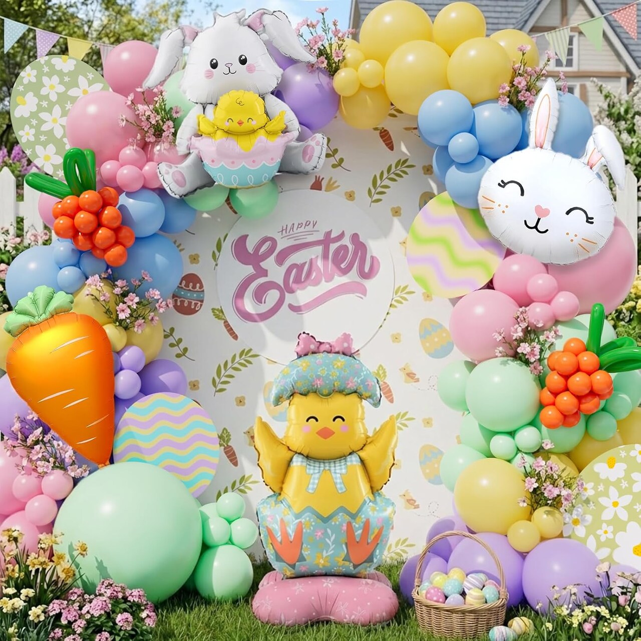 Easter Balloon Garland Arch Kit, Pastel Rainbow Balloons Easter Decorations with Bunny, Carrot & Chicken Foil Balloons for Baby Shower Birthday Spring Party Decorations